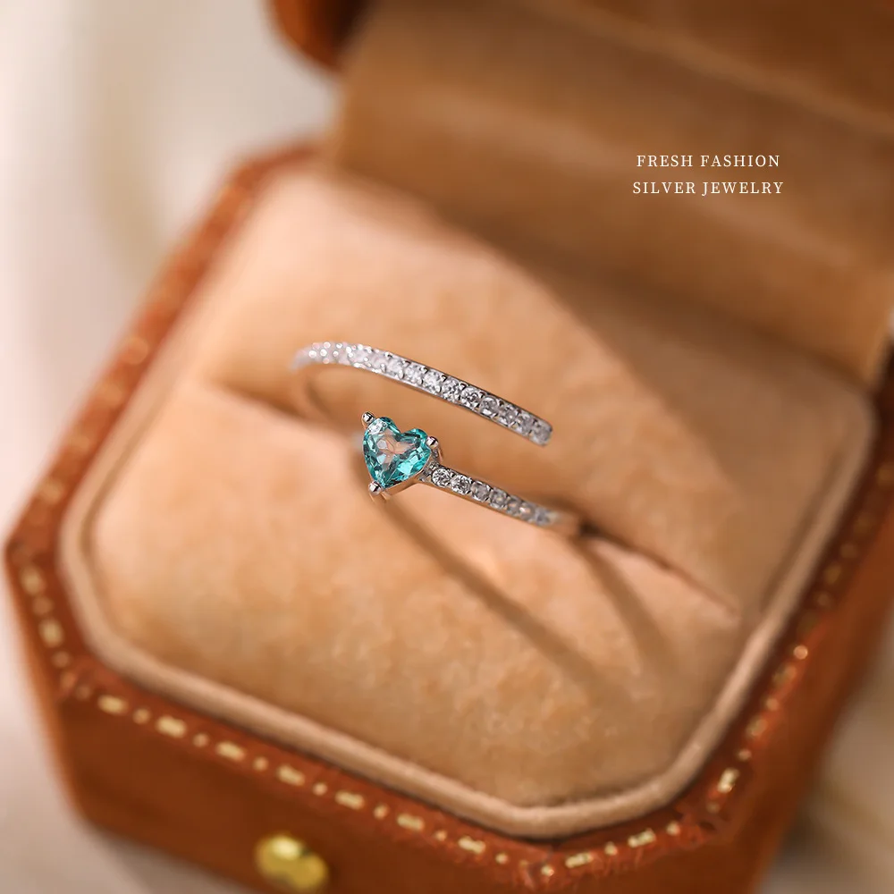 F.I.N.S S925 Sterling Silver Green Cubic Zirconia Heart-Shaped Ring for Women Unique Open Adjustable Index Finger Fine Jewelry