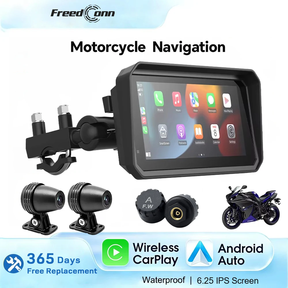 Freedconn 6.25inch Motorcycle Navigation Wireless Carplay Android Auto Motobike Digital Dashboard GPS DVR Moto Accessories