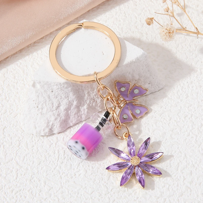 New Flower Butterfly Enamel Keychain Purple Drink Novelty Cuteness Key Chain Gift For Making DIY Handmade Jewelry Accessories