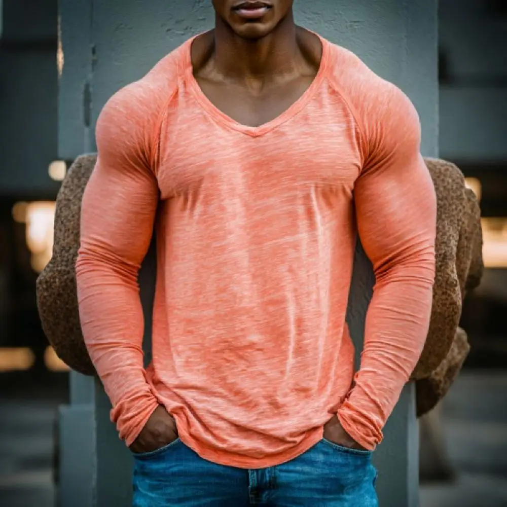 Men's Workout V-Neck T-Shirt,  Fitness Training Apparel, Fashion Distressed Ripped Craft on Cuffs and Hem,  Casual Outdoor view 4