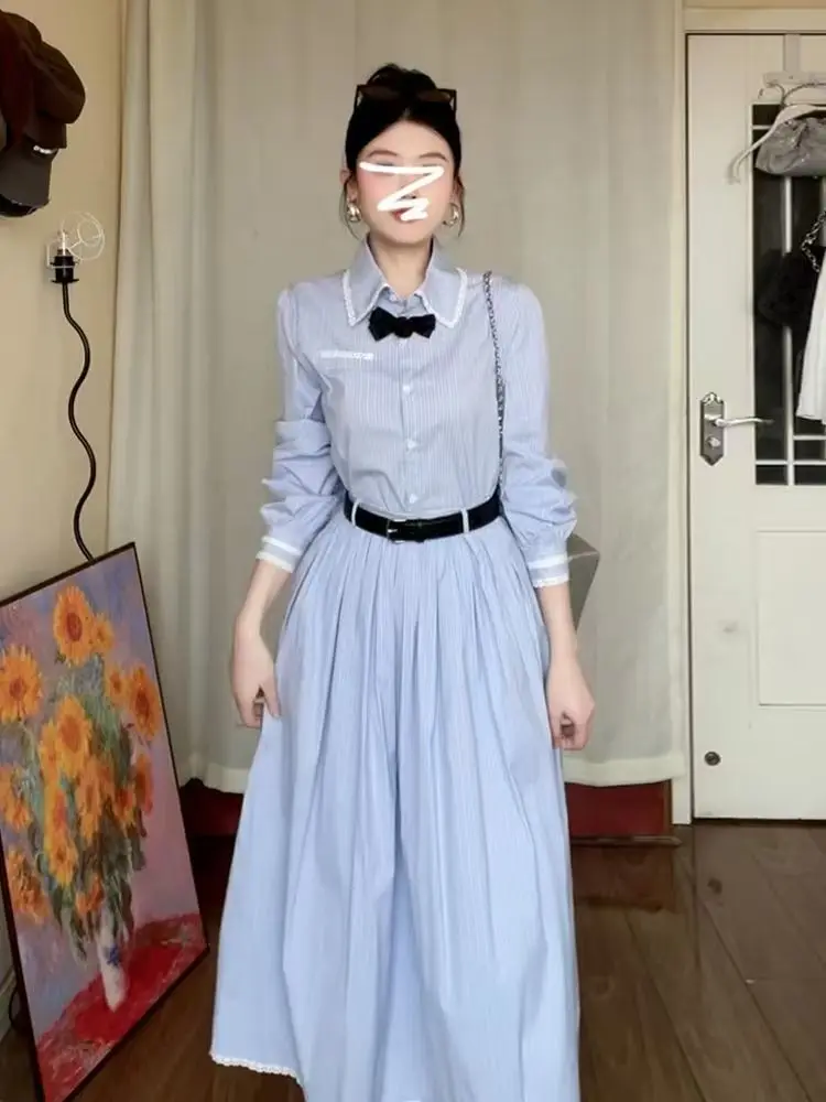 أنيقة الحلو Preppy النساء قمصان طويلة فساتين خمر الأزرق مخطط بولو طوق زر حتى فساتين مطوي الكورية أزياء الربيع