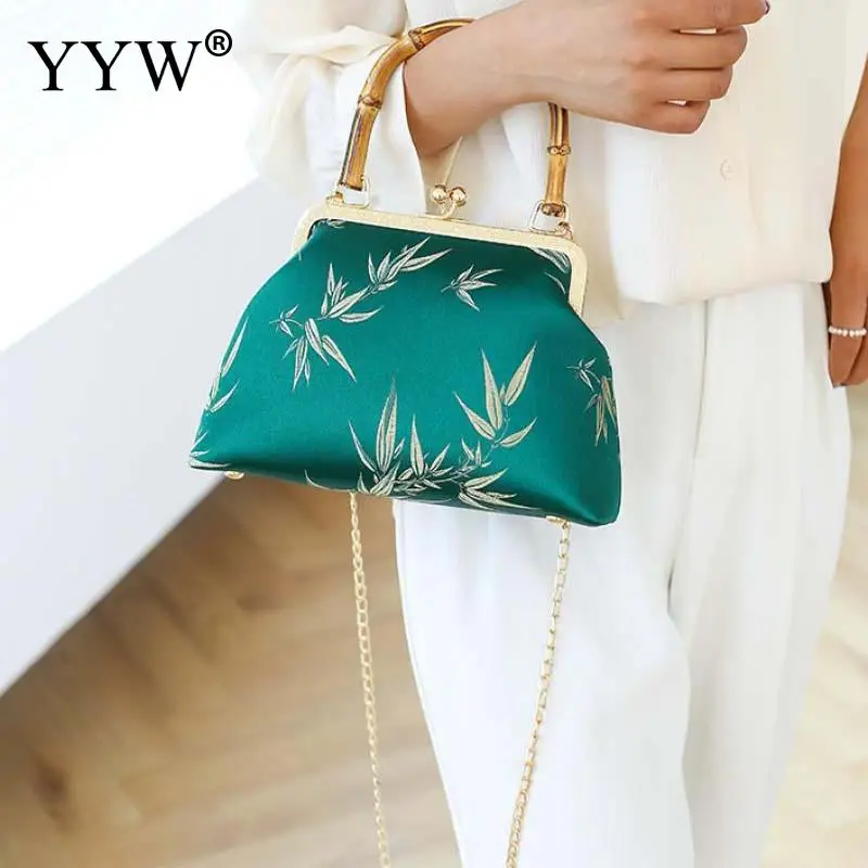 Vintage Chinese Style Women Clutch Handbag Metal Solid Bamboo Handle Brand Designer Crossbody Shoulder Chain Tote Purse Satchel