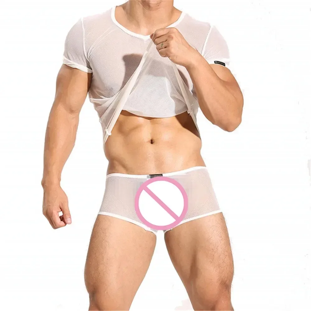 

Мужские прозрачные сетчатые майки, костюмы, сексуальные мужские футболки, комплекты нижнего белья, топы с короткими рукавами и шорты-боксеры, одежда для сна