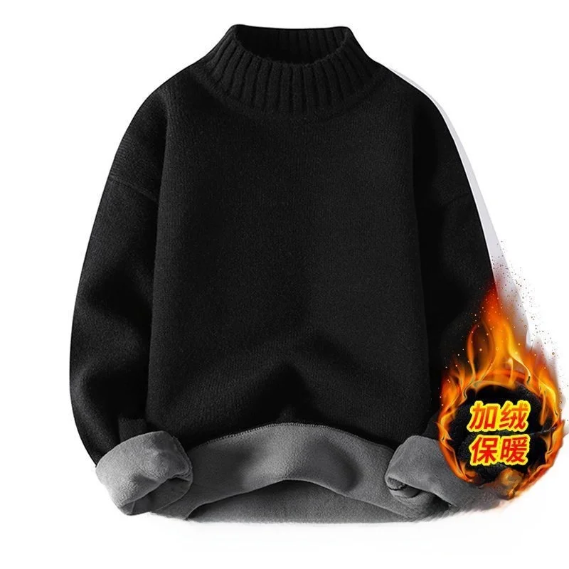 

Мужской теплый свитер с высоким воротом на флисовой подкладке, базовый слой для зимы, черный, с длинными рукавами