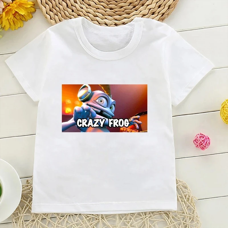 2024 New Summer Fashion Boys Pure Cotton T-shirt Fun Crazy Frog Anime Cartoon Print Children\'s Short Sleeve Hip Hop White Top