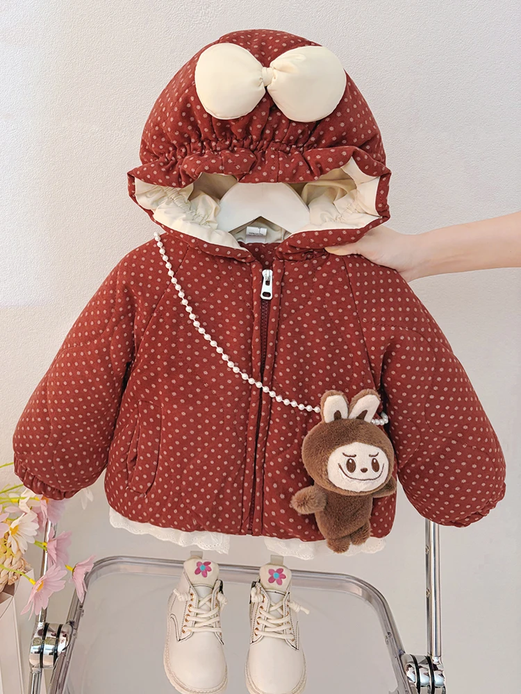 

Милый утепленный хлопковый пуховик с капюшоном для девочек, свободная теплая верхняя одежда, детская зимняя одежда, на молнии...
