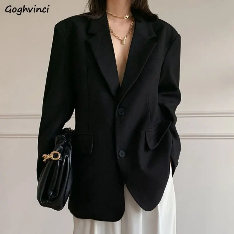 Blazers pretos Mulheres Soltas Sólidos Outwear Temper Estilo Britânico Casual Ulzzang Moda Clássica All-match Unisex Streetwear Retro