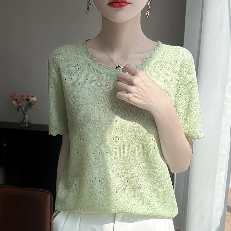 Summer New Knitted Women's Short Sleeve Casual Round Neck T-shirt Basic Style Versatile Loose Breathable Pullover Lace Top