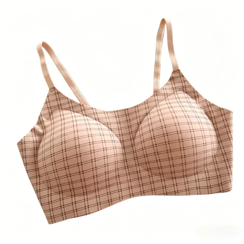 Fashion Plaid Seamless Wireless Bra Women Light Thin Breathable Push Up Clasp Less Comfort Uplifting Smooth Daily Ladies Wear