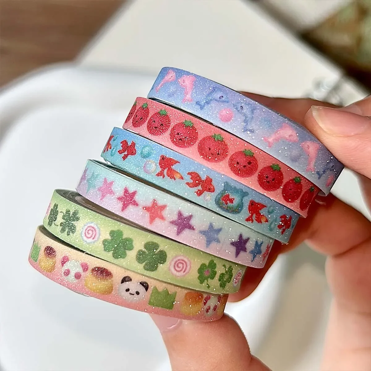 น่ารักมะเขือเทศ Deco Washi เทป Kawaii Four-Leaf Clover Masking เทปกระดาษ Washi เทปทรายเคลือบ Shimmer ฟิล์ม