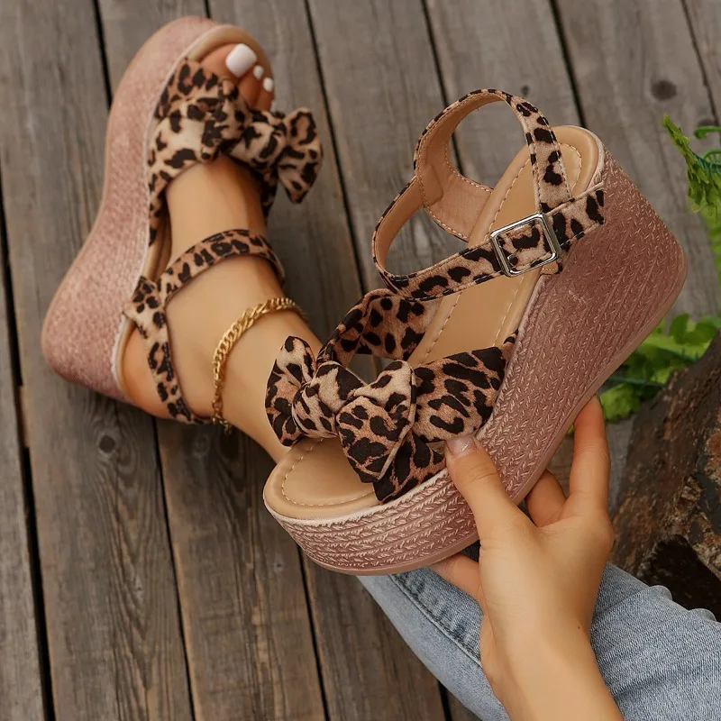 Ladies Shoes 2024  Women's Sandals Fashion Butterfly-knot Casual Sandals Women New Leopard Print Wedge Sandals