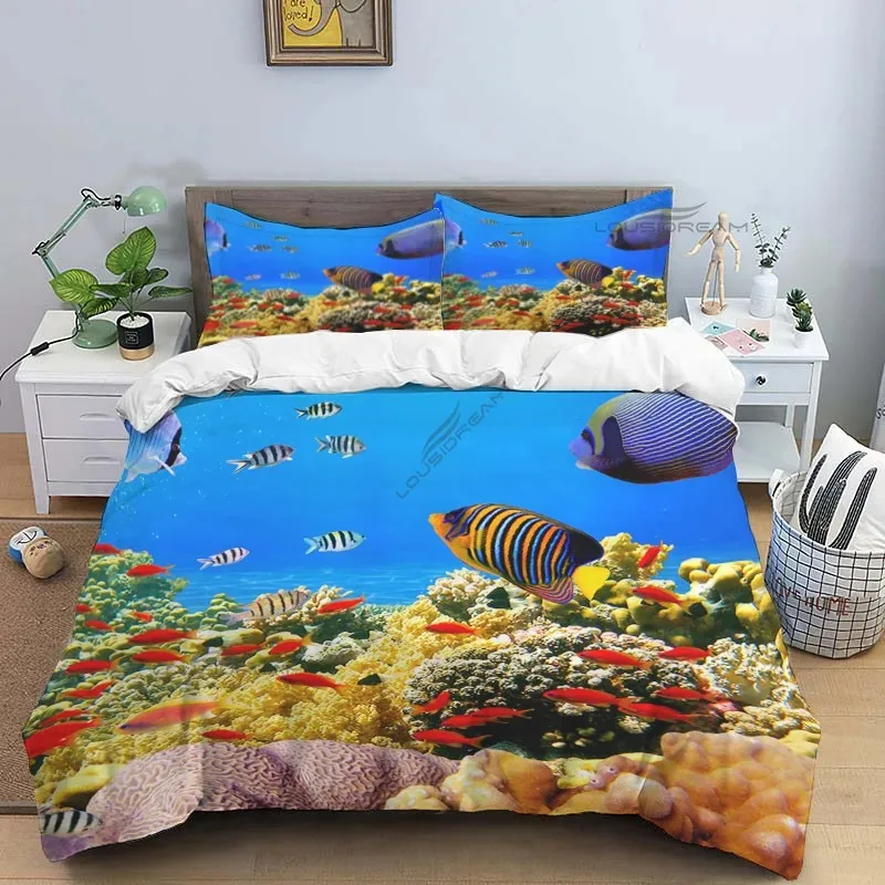 Ocean World Marine Life Art Pattern Comforter Bedding Set,Duvet Cover Bed Set Quilt Cover Pillowcase,King Queen Size Bedding Set