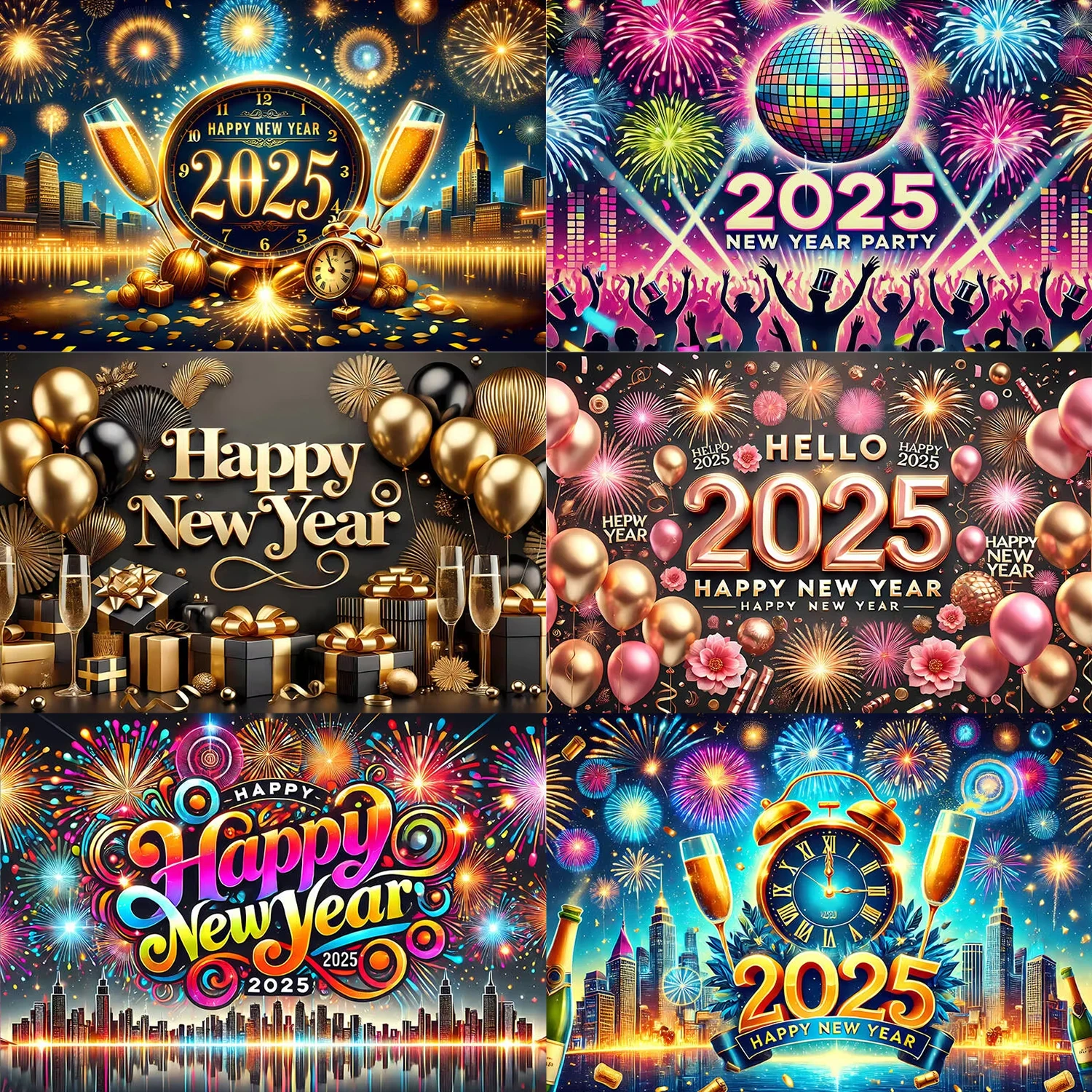 Happy New Year 2025 Theme Background Fireworks Gold Champagne Wine Glasses Celebration Banner Party Decoration Gift  Prop Supply