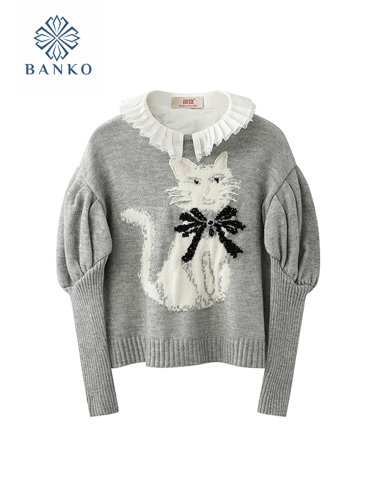 

Preppy Style Sweet Sweater Women Turn-Down Collar Knitted Pullover Loose Korean Fashion Kawaii Animal Print Jumper Autumn Winte