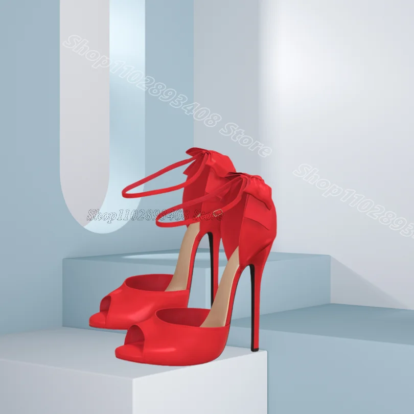 

Red Peep Toe Bowknot Decor Sandals Ankle Buckle Solid Stiletto British Style Design for Women Sandals 2025 Zapatos Para Mujere