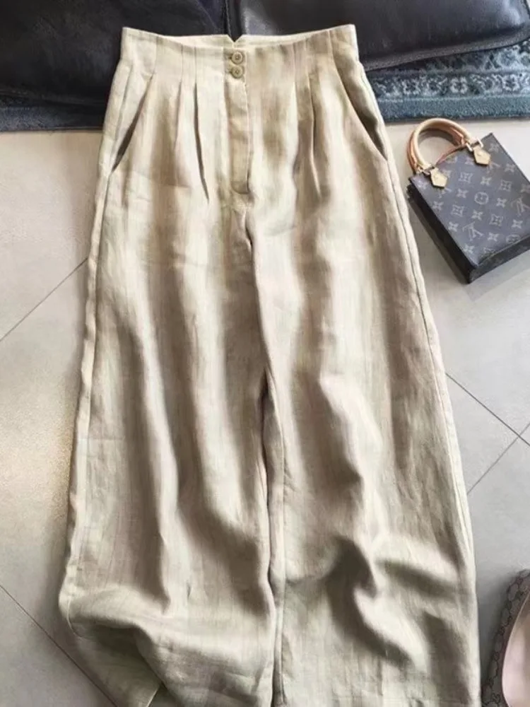 กางเกงขายาวเอวสูงทรงขากว้างสำหรับผู้หญิง กางเกงลำลองผ้าลินินสำหรับฤดูร้อน ทรงตรงยาวคลุมเท้า สวมใส่สบาย ทรงหลวม