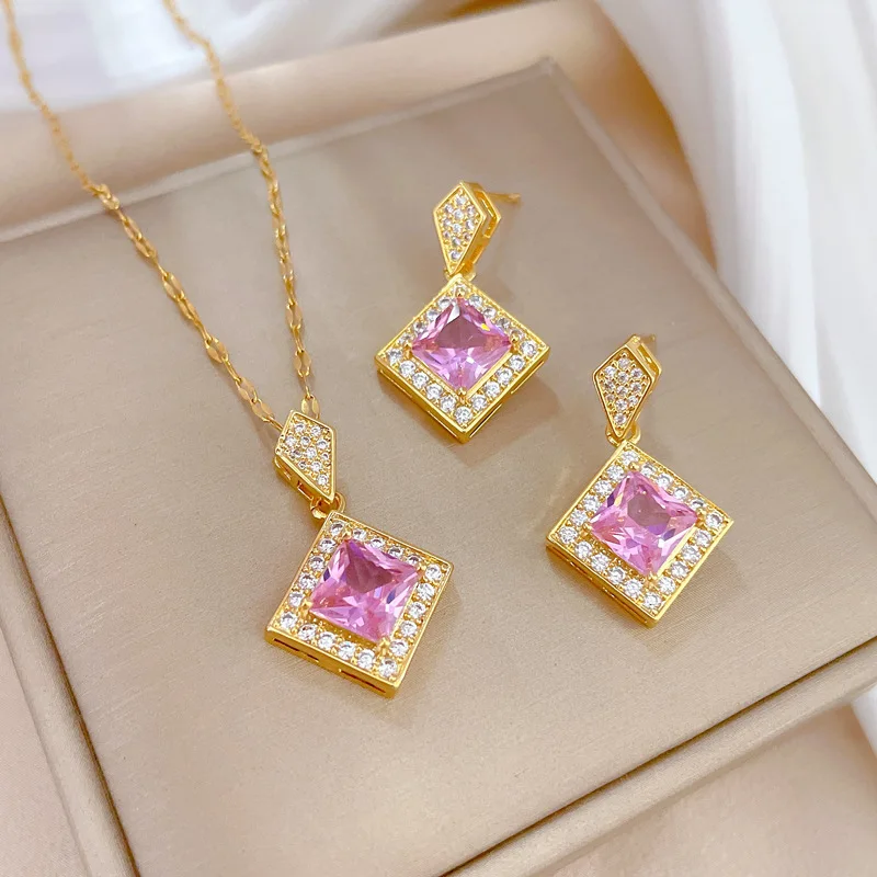 

316L Stainless Steel Chain Blue Zircon Micro Set Crystal Geometric Pendant Earring Necklace Roupas Femininas Conjuntos