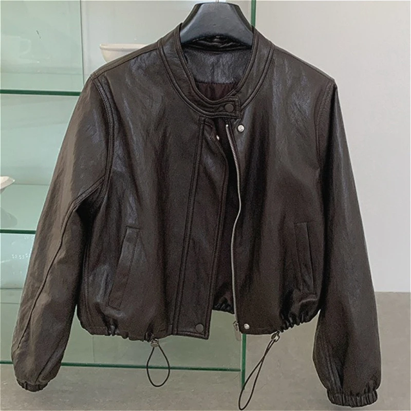 Women Coats Faux Leather Jackets Round Neck Full Sleeve Pu Coat Work Y2k Streetwear Jacket Outerwear Autumn Winter 2026
