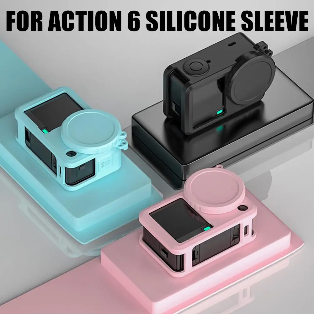 เคสซิลิโคนสีพื้นแบบนิ่ม พร้อมสายคล้องป้องกันการสูญหาย สำหรับ DJI Action 6 ฝาครอบเลนส์ ป้องกันเต็มรูปแบบ อุปกรณ์เสริมสำหรับกล้อง