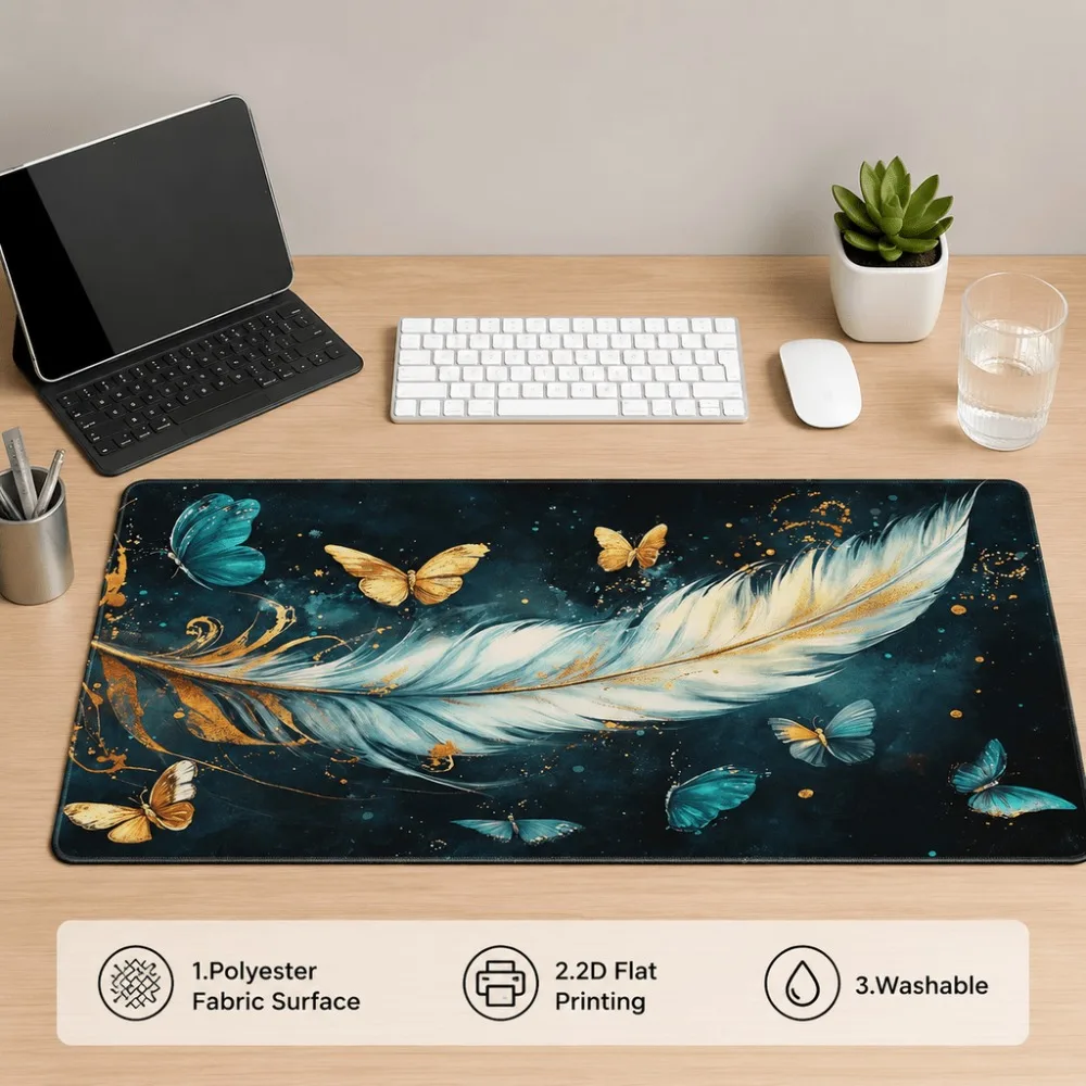 Mouse pad table mat, featuring feather and butterfly,suitable for office workers and students dark aesthetic desktop accessory