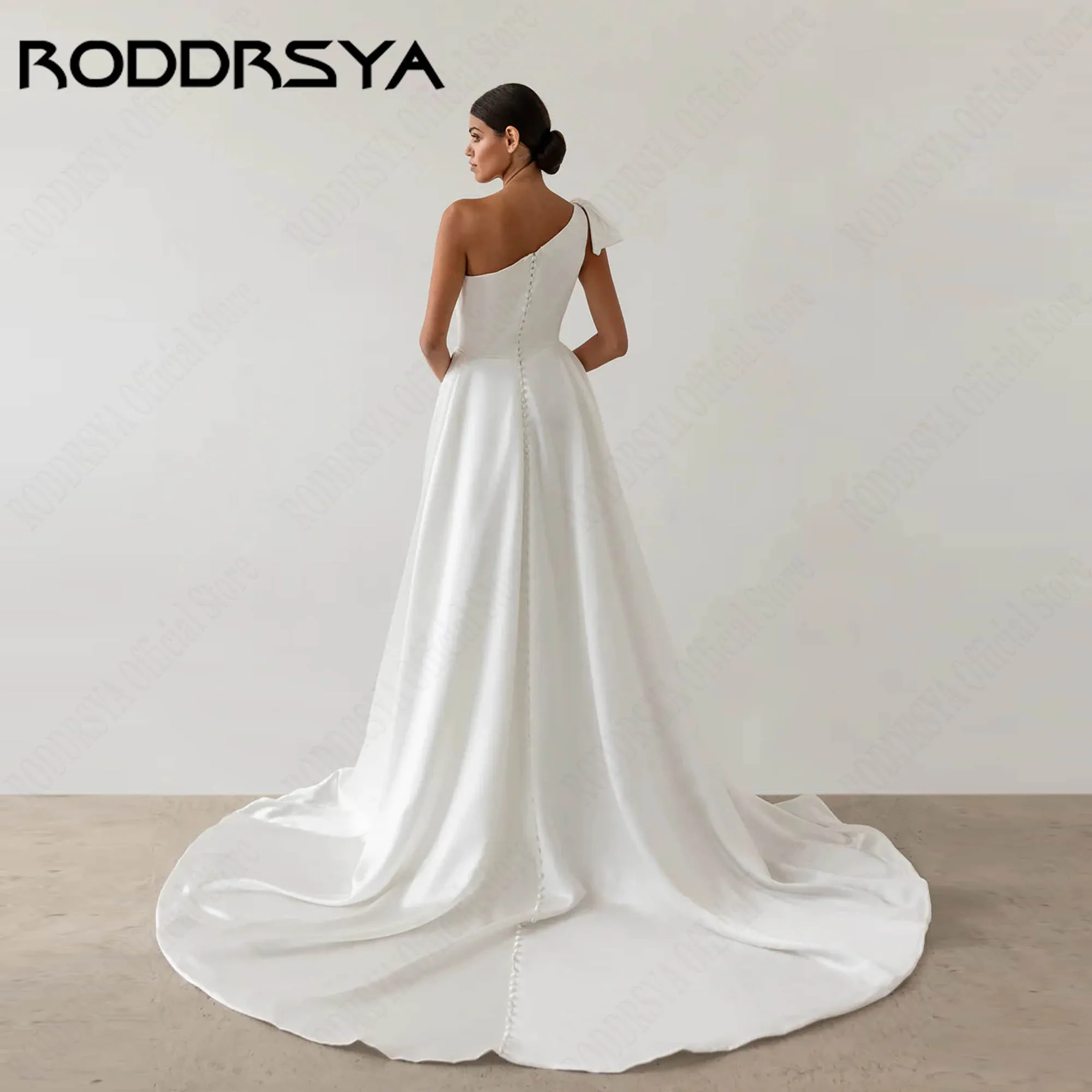 RODDRSYA One Shoulder Minimalism Wedding Dress Bow A-line Satin Classic Bride Gowns Sleeveless Buttons vestido novia Customized