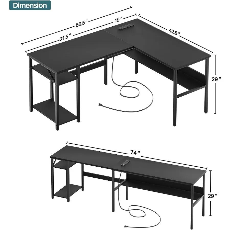 Mesa reversível em forma de L com tomadas de energia mágicas e portas de carregamento USB para escritório doméstico e configuração de jogos Computação de canto resistente