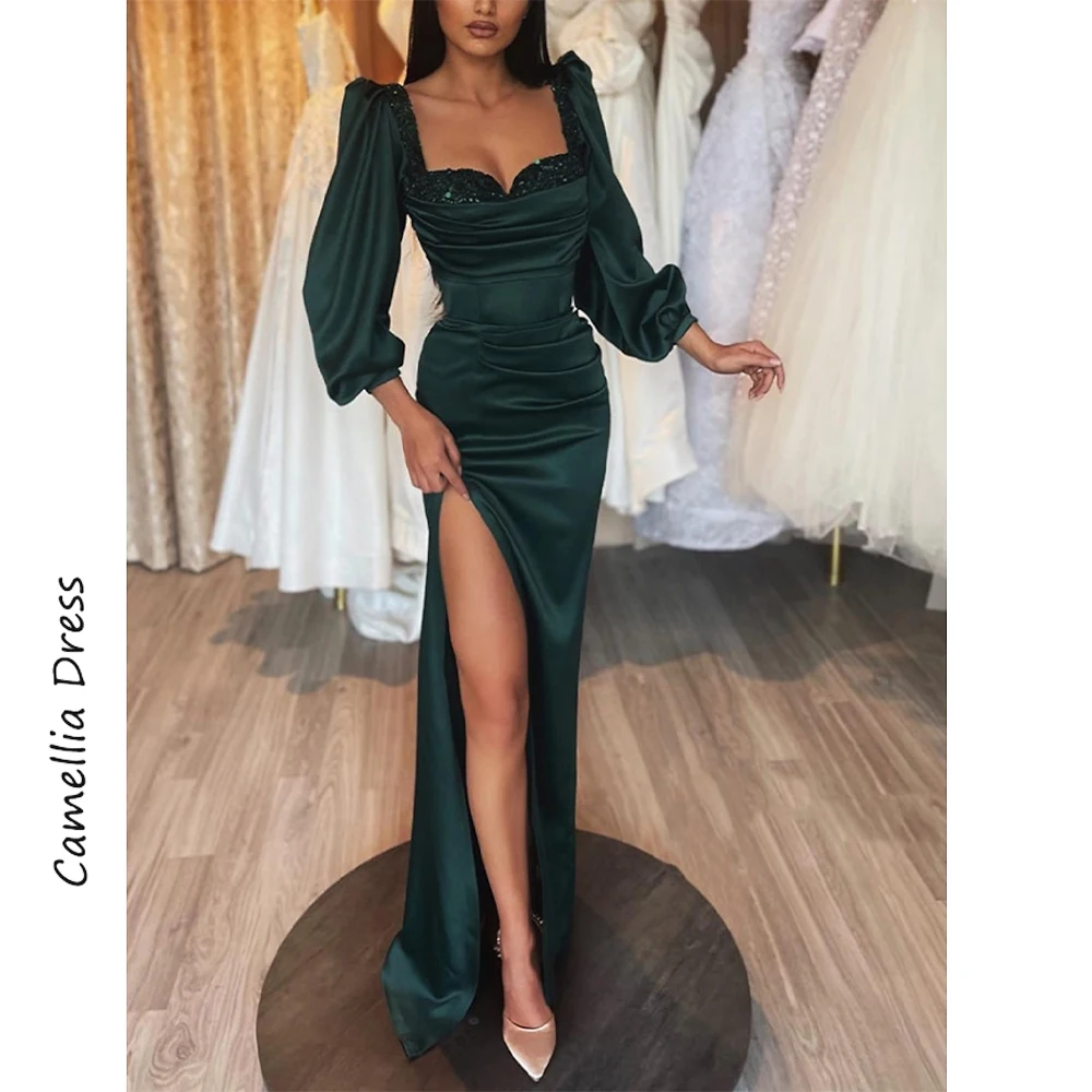 

Elegant Evening Dresses A-Line Party Dresses Long Sleeve Satin Ruched Sweetheart Formal Dresses Vestidos De Fiesta فساتين السهرة