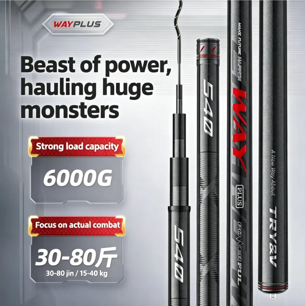 

TRY&V WAY PLUS Light Hard Giant Rod 40T 46T Carbon 19 Tune Lake River Black Pit Durable Big Game Taiwan Fishing Rod
