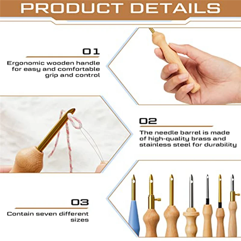

7 Pcs Embroidery Punch Needle Yarn Sewing Wooden Handle Embroidery Pen Rug Hooking Tool