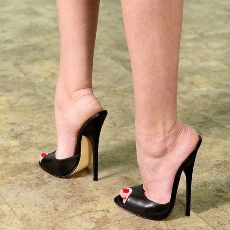 

Ultra High Heel Women Mules Shoes Peep Toe Black Red Matte Leather Slip On Cover Heels Summer Sandals 13CM Outside Shoes