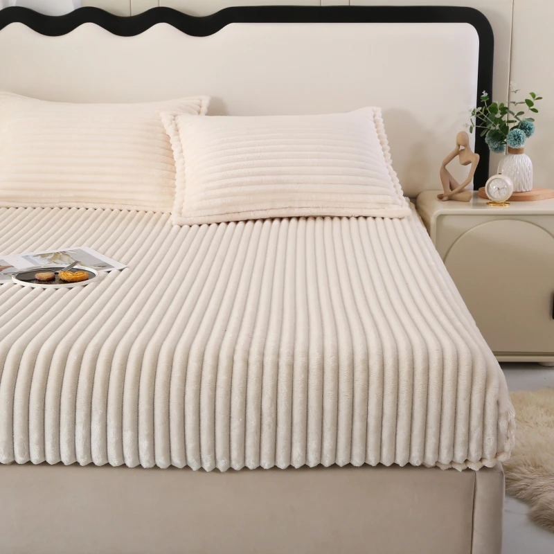 1Pc Solid Color Ribbed Plush Fitted Sheet Mattress Protector Full/Twin/Queen/King Universal for Bedroom Apartment Soft Comfortable Warm Breathable