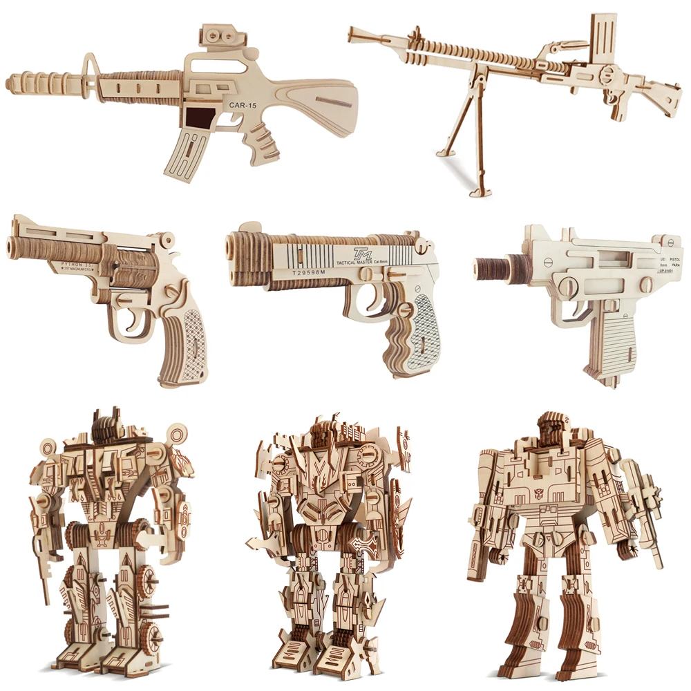 3D Wooden Toy Gun Puzzles Carbine 15 AK47 DIY Assembly Kits Robot Model Popular Party Game Gift Kids Toys For Children Boys