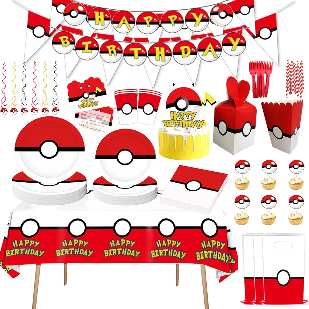 Pokemon Happy Birthday Decoration Poke Ball Disposable Tableware Banner Tablecloth Cup Plates Baby Shower Pikachu Party Supplies