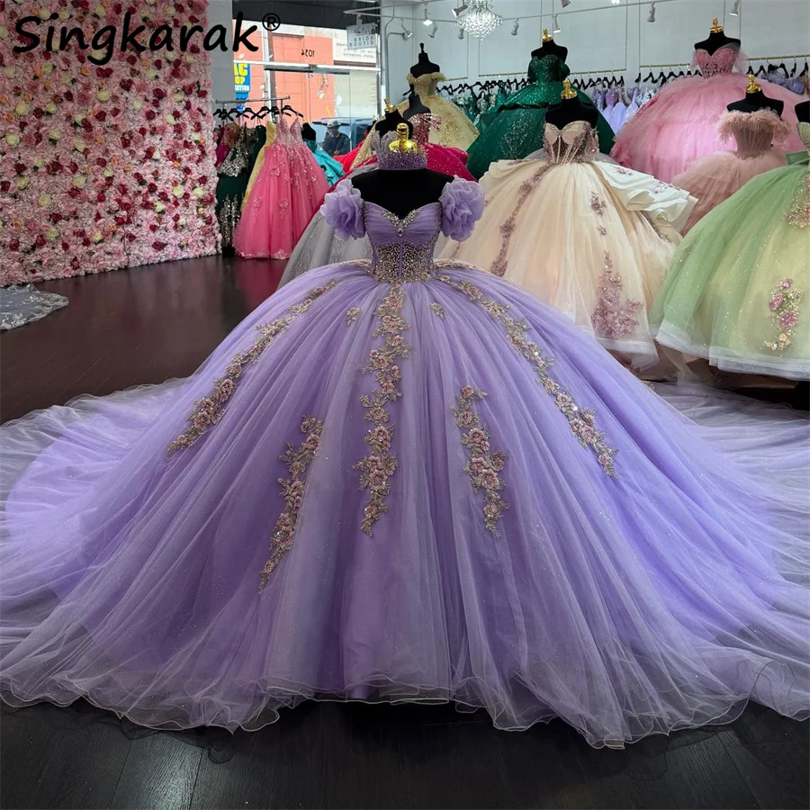 

Luxury Lilac Lavender Flowers Princess Quinceanera Dress Beads Crystal Gems Sweet 16 Dress Vestido De 15 Años Customized