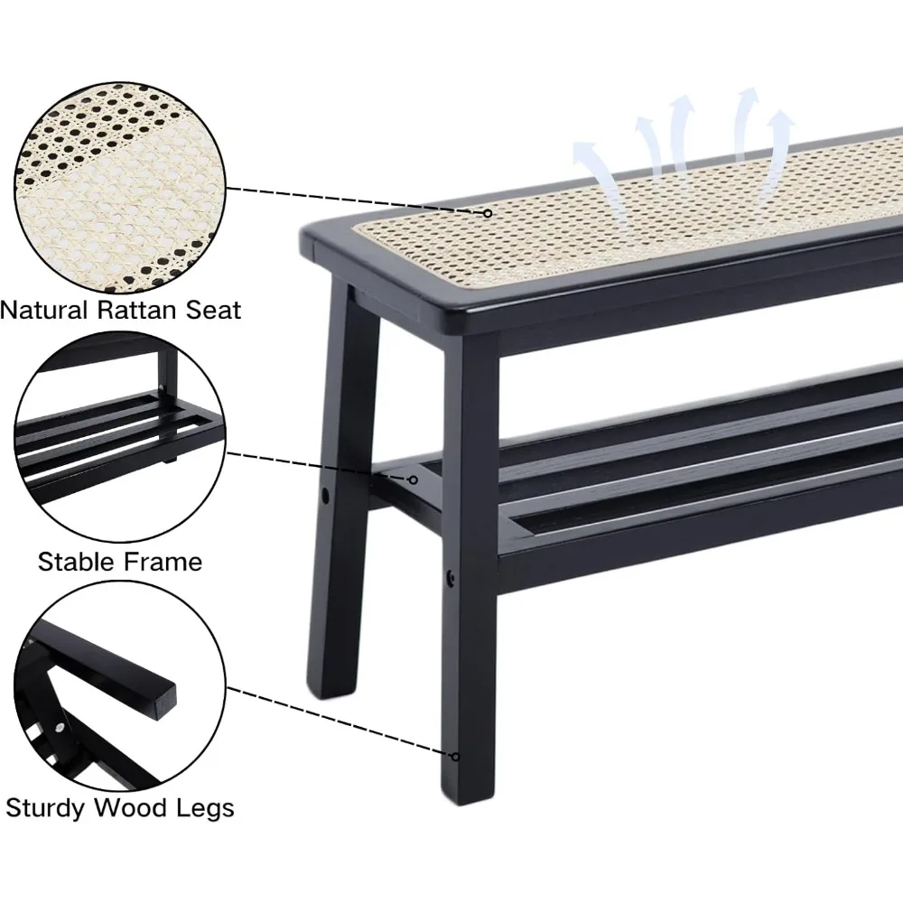 30 Inch Farmhouse Style Rattan Wood Bench with Shoe Storage for Entryway and Dining Area