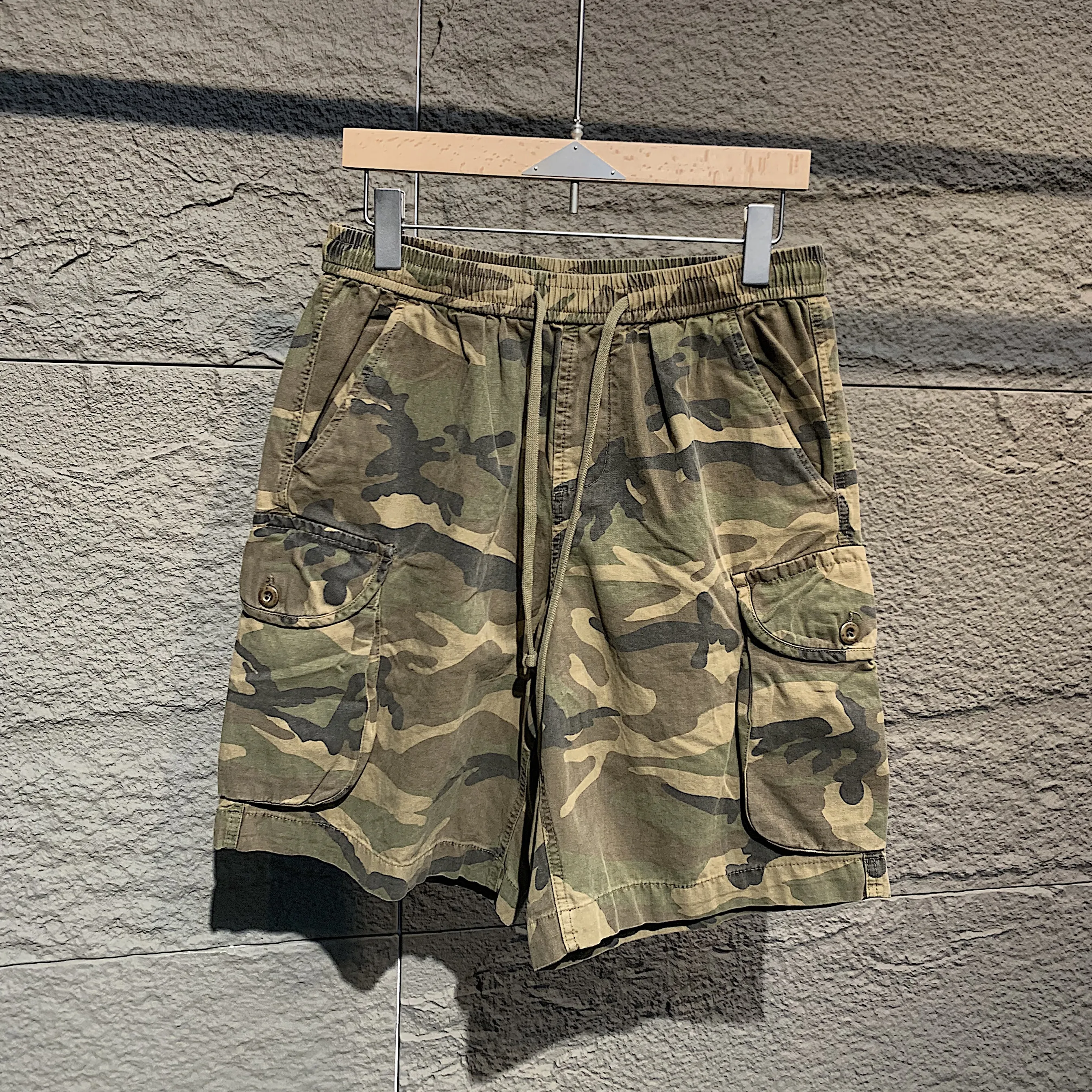 Niche Designer Style ~ Summer Distressed Pure Cotton Washed Camouflage Workwear Multi-Pocket Couple plus Size Shorts