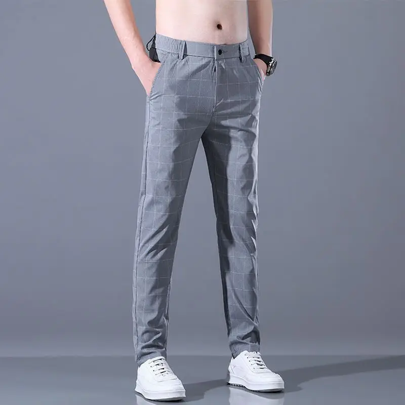 

Spring and Summer Ultra Thin Loose Casual High Waist Pocket Checkered Print Versatile Quick Dry Straight Sweatpants JJ9