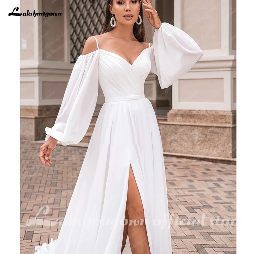 Lakshmigown Een Lijn vrouwen Chiffon Trouwjurken Aangepaste Zijsplit Bruid Toga Boothals Lange Mouwen Vestidos Novias Boda