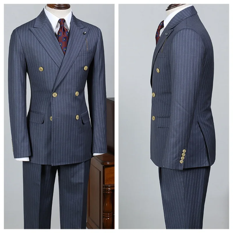 Classic Navy Striped Men's Suit 2 Piece Set  Slim Fit Double Breasted Formal Jacket With Micro Elasticity Business Casual Pants