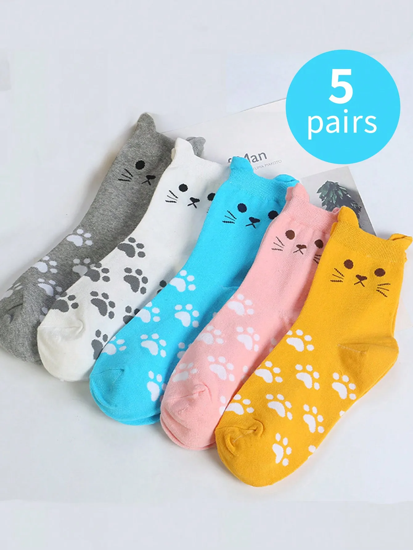 5 pairs of new animal puppy footprints cat print midtube stockings