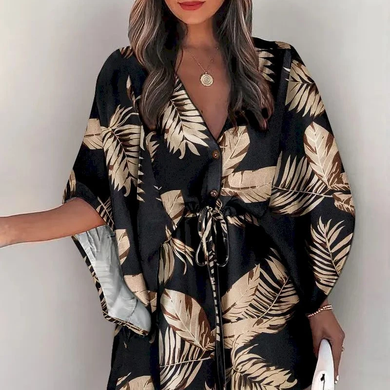 Fashion V-neck Flared Sleeve Bikini Cover-Ups for Woman Swimsuit Cover Up Dress 2023 New Lace Up Holiday Beach Tunic Beach Dress