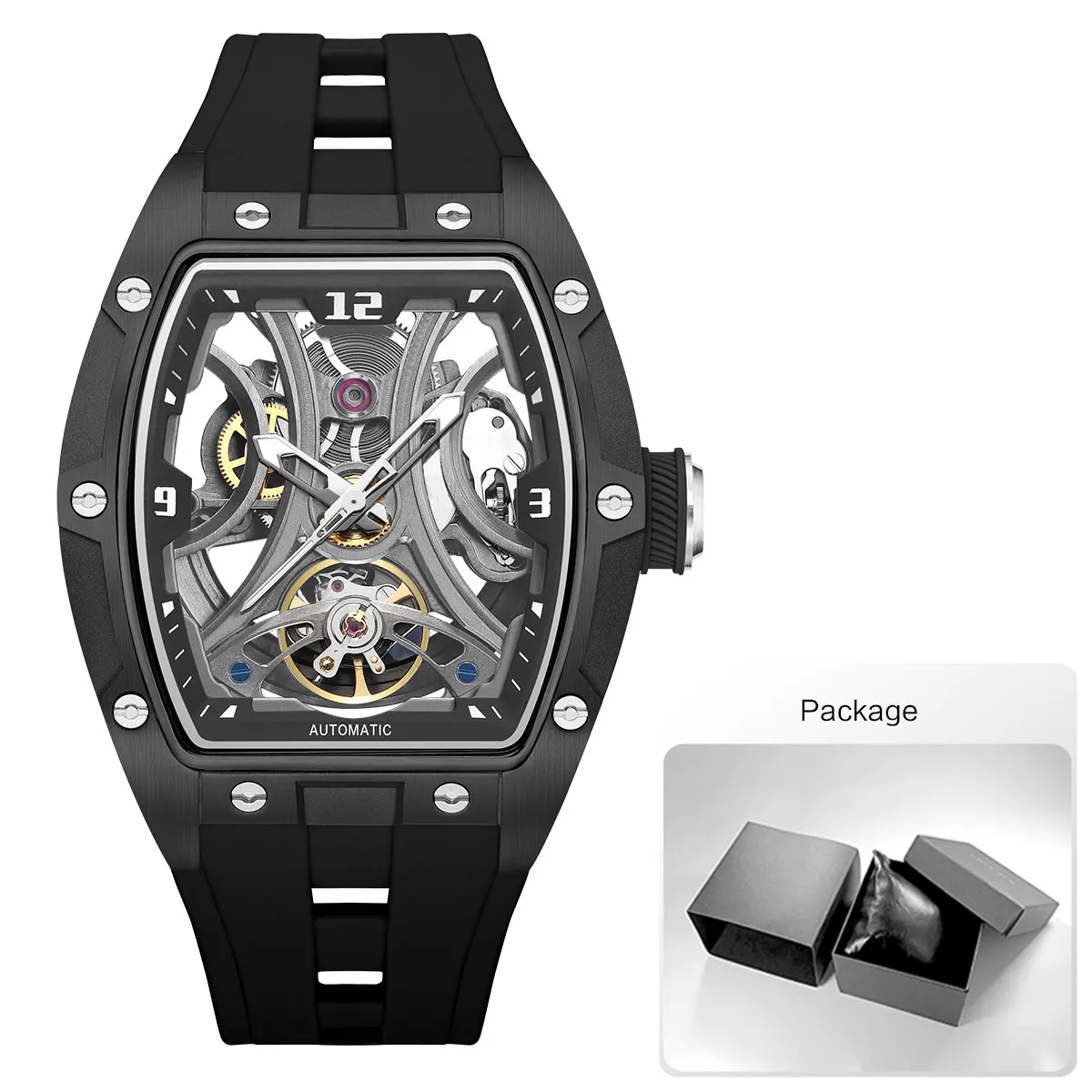 MEGIR Sports Style Automatic Mechanical Watch for Men Full Hollow Transparent Dial Design Stainless Steel Case Silicone Strap