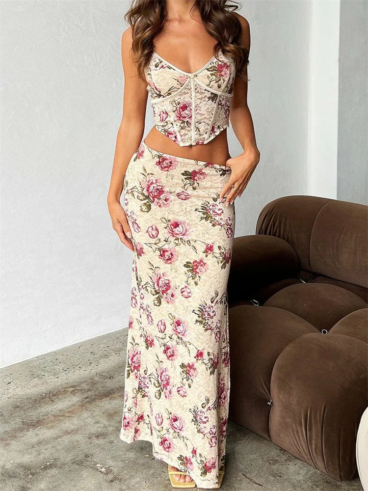 CHRONSTYLE Vintage Lace Mesh Floral Print 2 Pieces Sets for Women 2023 Sleeveless Strap V-neck Camis Tops High Split Long Skirts