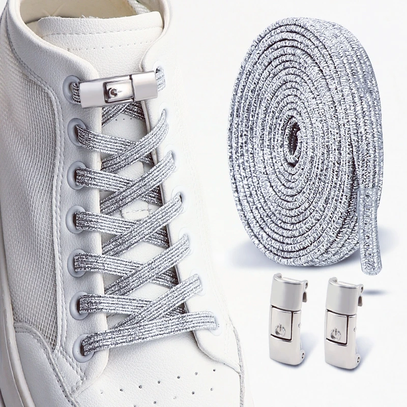 

Gold Glitter No Tie Shoelaces with Metal Press Lock Elastic Flat Laces for Sneakers Tieless Stretchy Shoestrings for Adults Kids