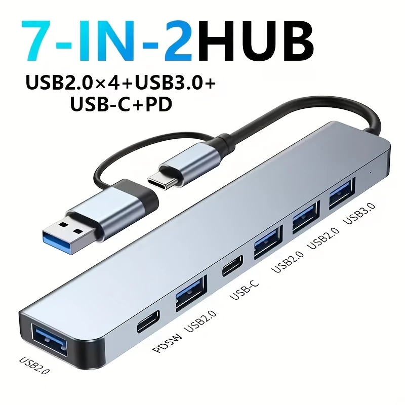 7-in-1 hub with multiple ports for seamless collaboration, compatible with mobile phones, tablets, computers, and other devices