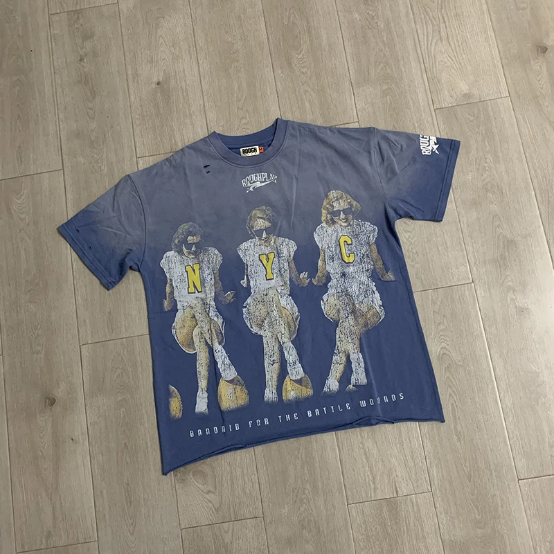 2026SS Rough Play Streetwear Washed T Shirt Men Retro Character Print Short Sleeve Casual Hip Hop Top
