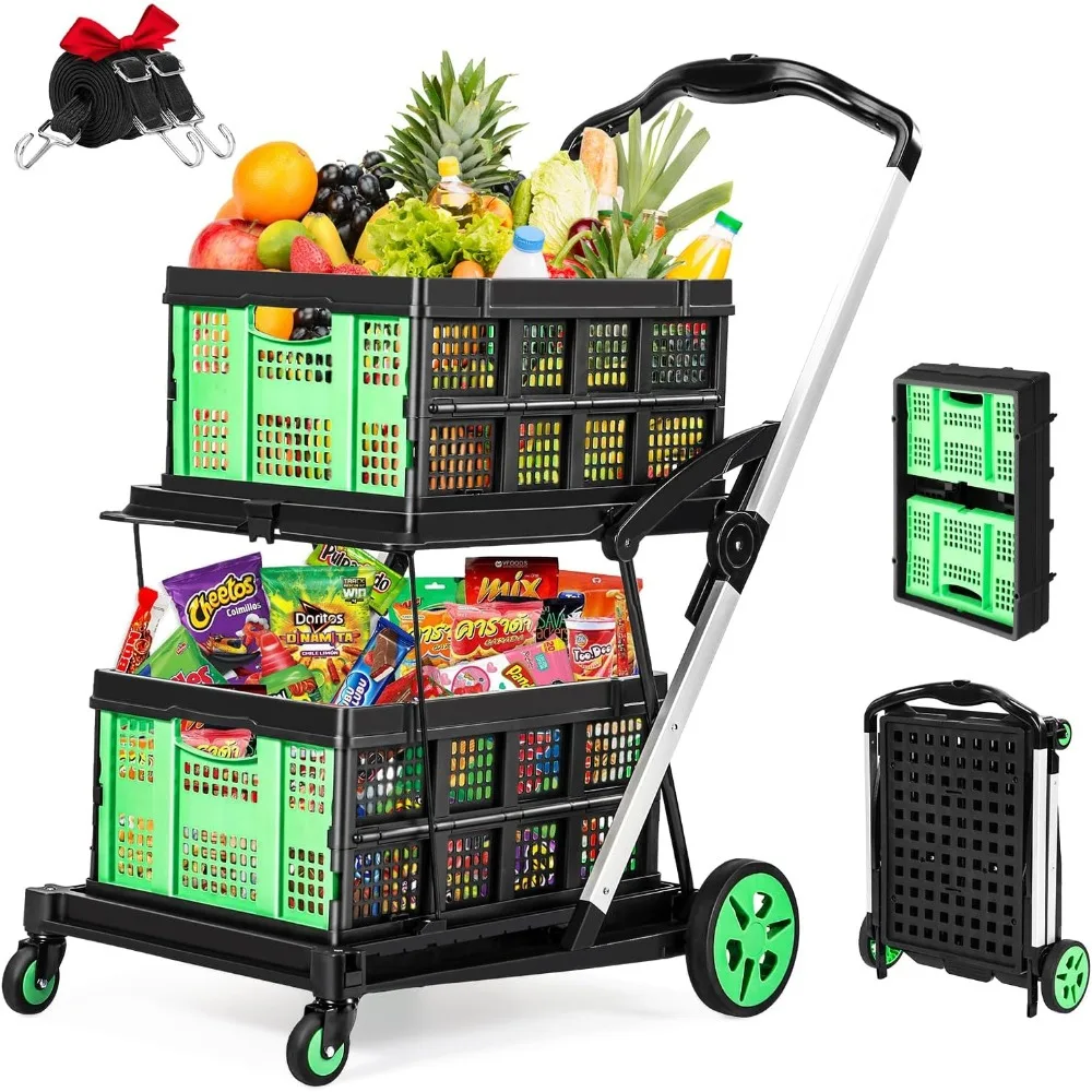 

200lbs 30x18'' Foldable Shopping Cart, Multi Use Functional Collapsible Carts with 2 Storage Crates, Mobile Folding Trolley