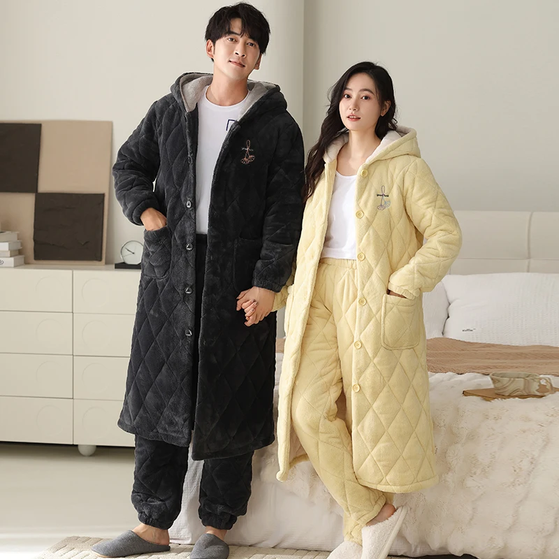 Big Size M-4XL 2 Pieces Set Couple Hooded Robe+Pant Winter 3 Layer Clip Cotton Robe Thick Warm Men and Women Sleepwear