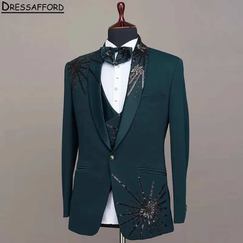 Hunter Green Wedding Suits For Men Appliques Beading Slim Fit 2 Piece Sets(Jacket+Pant) Groom Tuxedos Party Blazers