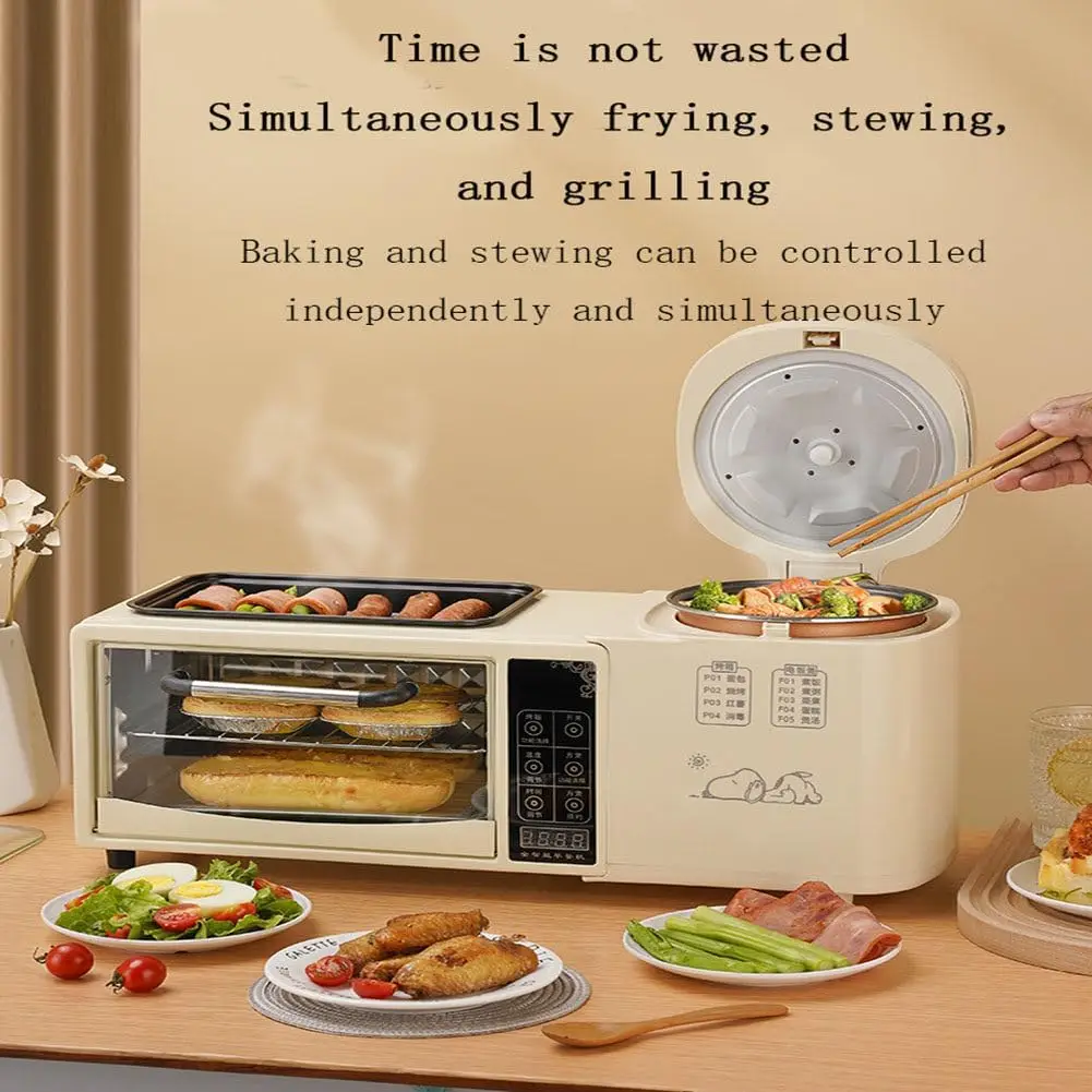 محطة الإفطار، ماكينة الإفطار متعددة الوظائف 4 في 1، مع وعاء طبخ سعة 1 لتر، مقلاة غير لاصقة، محمصة خبز كهربائية سعة 9 لتر للإفطار M